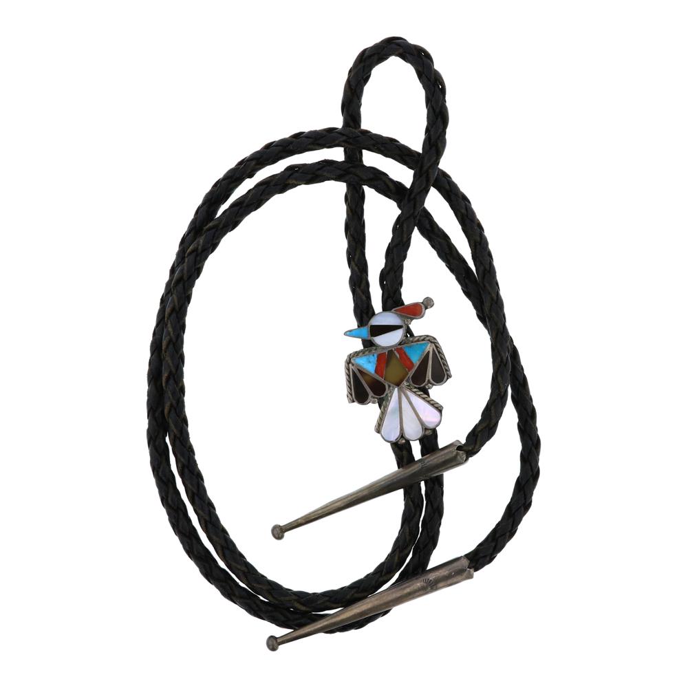 Old Pawn Vintage Turquoise Coral & Shell Inlay Bolo Tie (1 of 3)