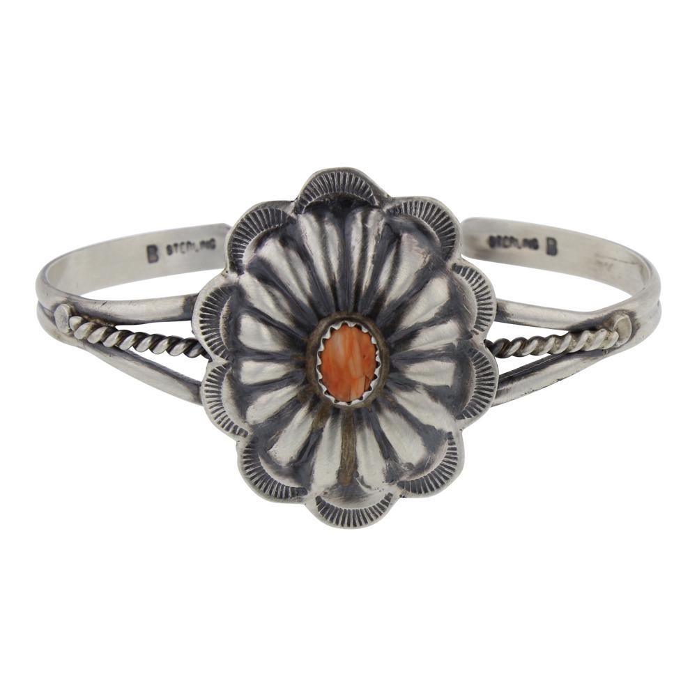 Orange Spiny Oyster Concho Cuff Bracelet: Sterling Silver | Orange Spiny Oyster | Orange Spiny Oyster Concho Cuff Bracelet | Navajo Native American Southwest Indian Jewelry | Weight:11.6 Grams, | Dimensions: Bracelet: 5 1/4" inner, 1" gap, 6