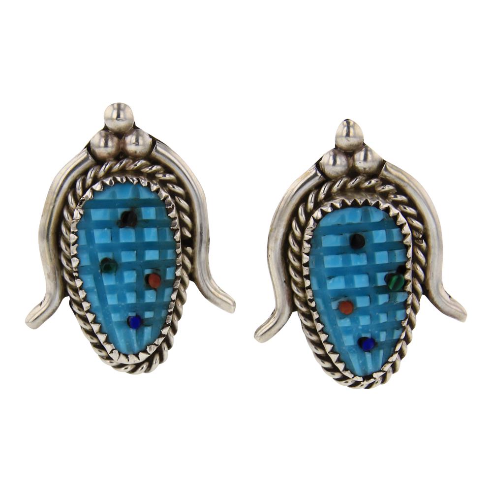 Tracey Bowekaty Zuni Turquoise Inlay Corn Inlay: Sterling Silver | Genuine Turquoise | Tracey Bowekaty Zuni Turquoise Inlay Corn Inlay Cufflinks | Zuni Native American Southwest Indian Jewelry | Weight:8 Grams, | Dimensions: Cuff Links: 3/4" x 1" (f