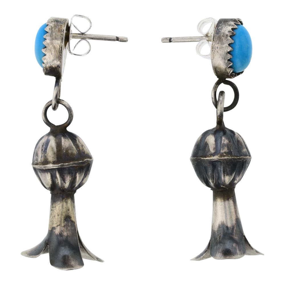 Turquoise Dangle Blossom Earrings: Sterling Silver | Genuien Turquosie | Turquoise Dangle Blossom Earrings | Navajo Native American Southwest Indian Jewelry | Weight:4.3 Grams, | Dimensions: Earrings: 1/2" x 1 1/2" (for both) | | Free