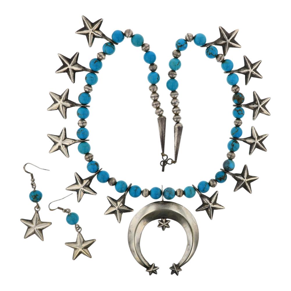 Vintage Turquoise Star Blossom Necklace & Earrings Set: Sterling Silver | Genuine Turquoise | Vintage Turquoise Star Blossom Necklace & Earrings Set | Navajo Native American Southwest Indian Jewelry | Weight:163.8 Grams, | Dimensions: Necklace: 22" length,