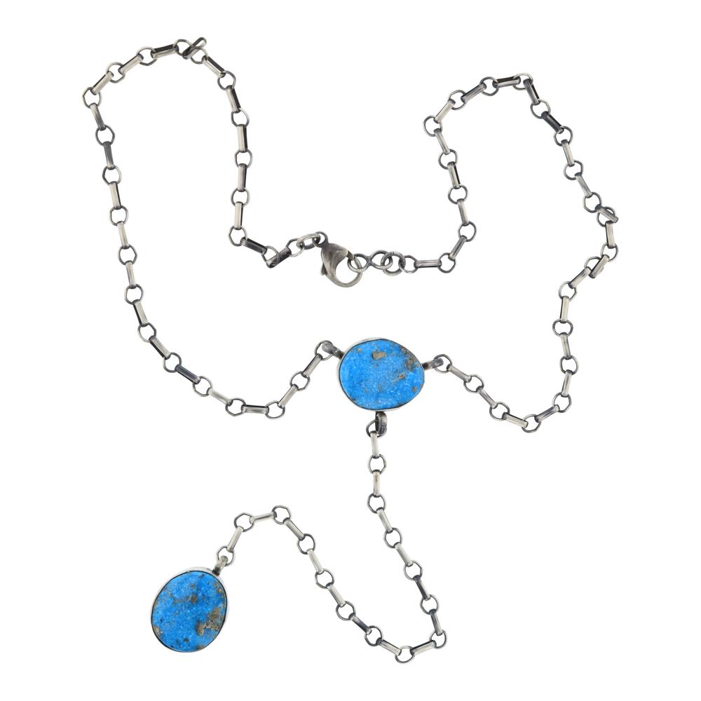 Tim Yazzie Blue Bird Turquoise Handmade Chain Necklace: Sterling Silver | Genuine Blue Bird Turquoise | Tim Yazzie Blue Bird Turquoise Handmade Chain Necklace | Navajo Native American Southwest Indian Jewelry | Weight:23.4 Grams, | Dimensions: Necklace: 18