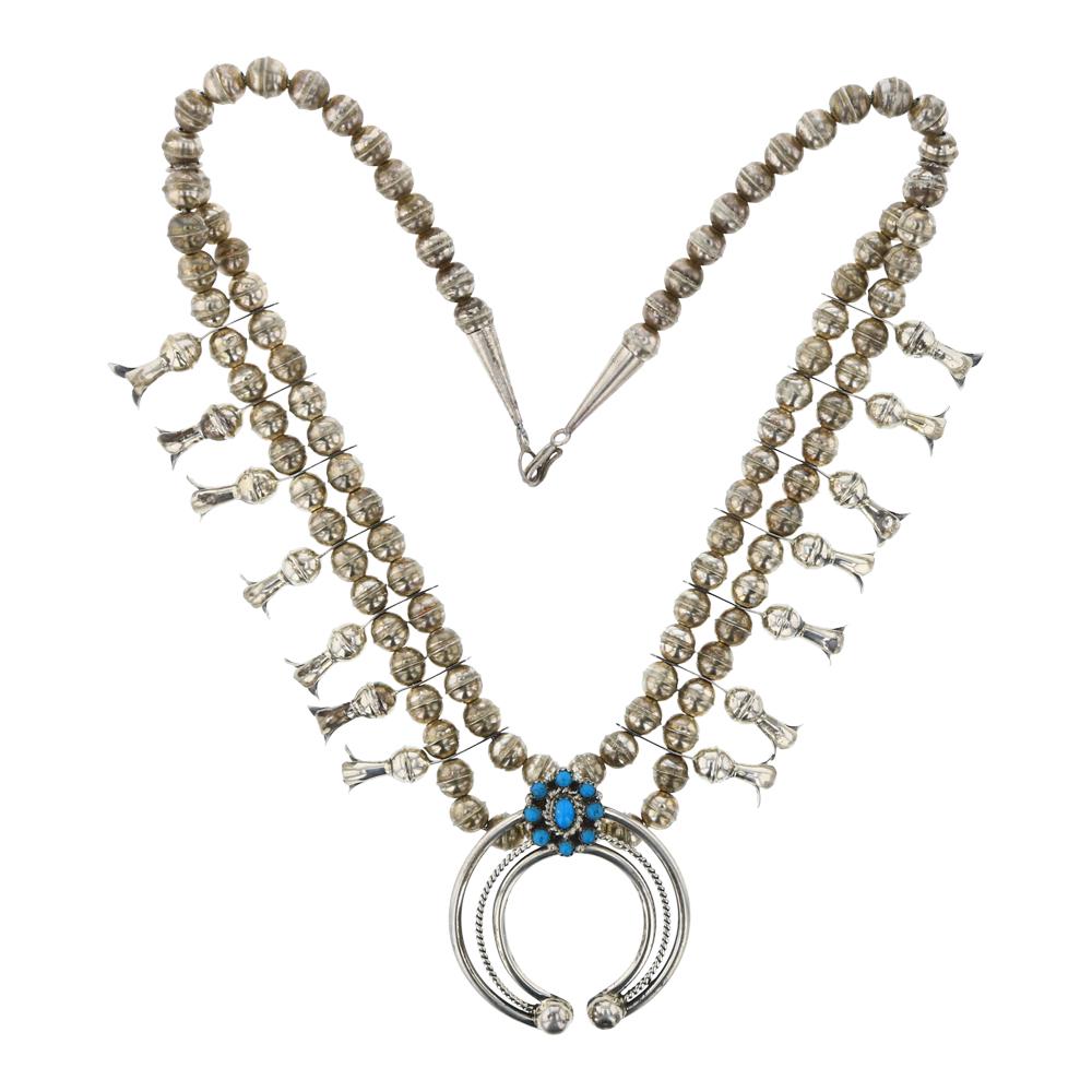 Leon F. Kurley Turquoise Squash Blossom Necklace: Sterling Silver | Genuine Turquoise | Leon F. Kurley Turquoise Squash Blossom Necklace | Navajo Native American Southwest Indian Jewelry | Weight:57.4 Grams, | Dimensions: Necklace: 20" length, 1 3/4"