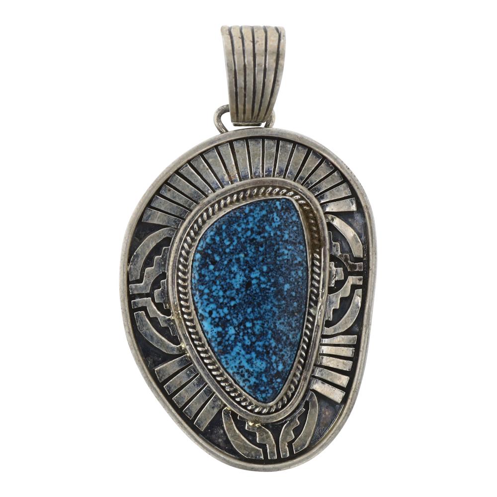 Lorenzo Juan Kingman Turquoise Pendant: Sterling Silver | Genuine Kingman Turquoise | Lorenzo Juan Kingman Turquoise Pendant | Navajo Native American Southwest Indian Jewelry | Weight:27 Grams, | Dimensions: Pendant: 1 1/2" x 2 3/4" | Signe