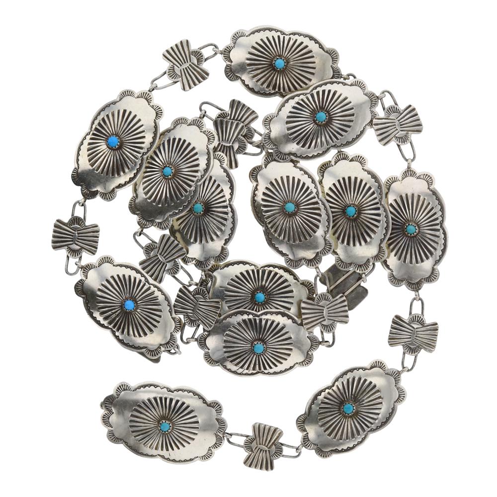 Turquoise Stamp Link Concha Belt: Sterling Silver | Genuine Turquoise | Turquoise Stamp Link Concha Belt | Navajo Native American Southwest Indian Jewelry | Weight:72.9 Grams, | Dimensions: Belt: 38" length, 1 3/4" x 1" buckle | | Fre