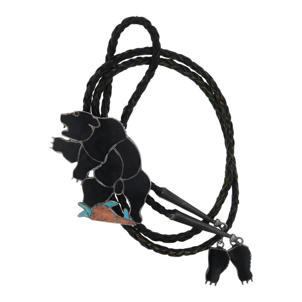 Vintage Old Pawn Acoma Jet Black Inlay Bear Bolo Tie (1 of 3)
