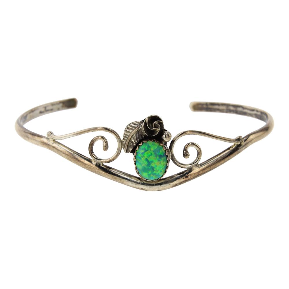 Synthetic Opal Navajo Bracelet: Sterling Silver | Synthetic Opal | Synthetic Opal Navajo Bracelet | Navajo Native American Southwest Indian Jewelry | Weight:6 Grams, | Dimensions: Bracelet: 5.25" inner, 1" gap, 6.25" total, .75" fac