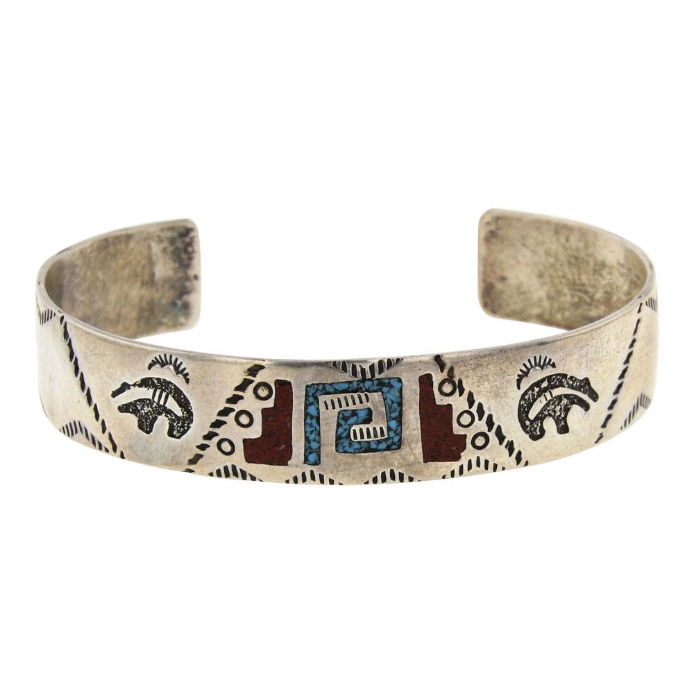 Ray Begay Overlay Turquoise & Coral Chip Inlay Ring (1 of 4)