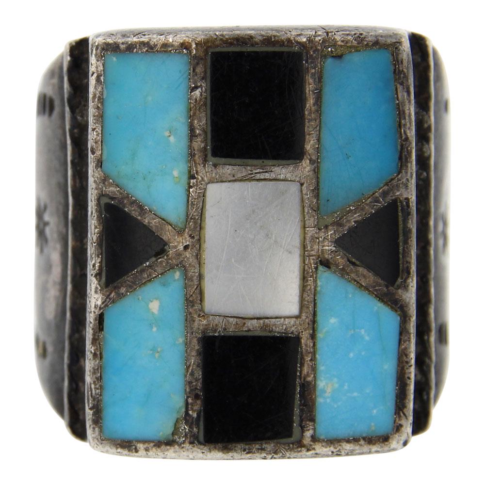 Old Pawn Zuni Vintage Turquoise Mother of Pearl & Jet (1 of 3)