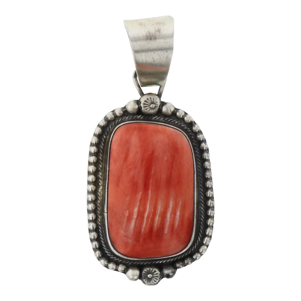 Sheila Becenti Red Spiny Oyster Pendant: Sterling Silver | Genuine Spiny Oyster | Sheila Becenti Red Spiny Oyster Pendant | Navajo Native American Southwest Indian Jewelry | Weight:16.9 Grams, | Dimensions: Pendant: 1" x 2.25" | Signed: Shei