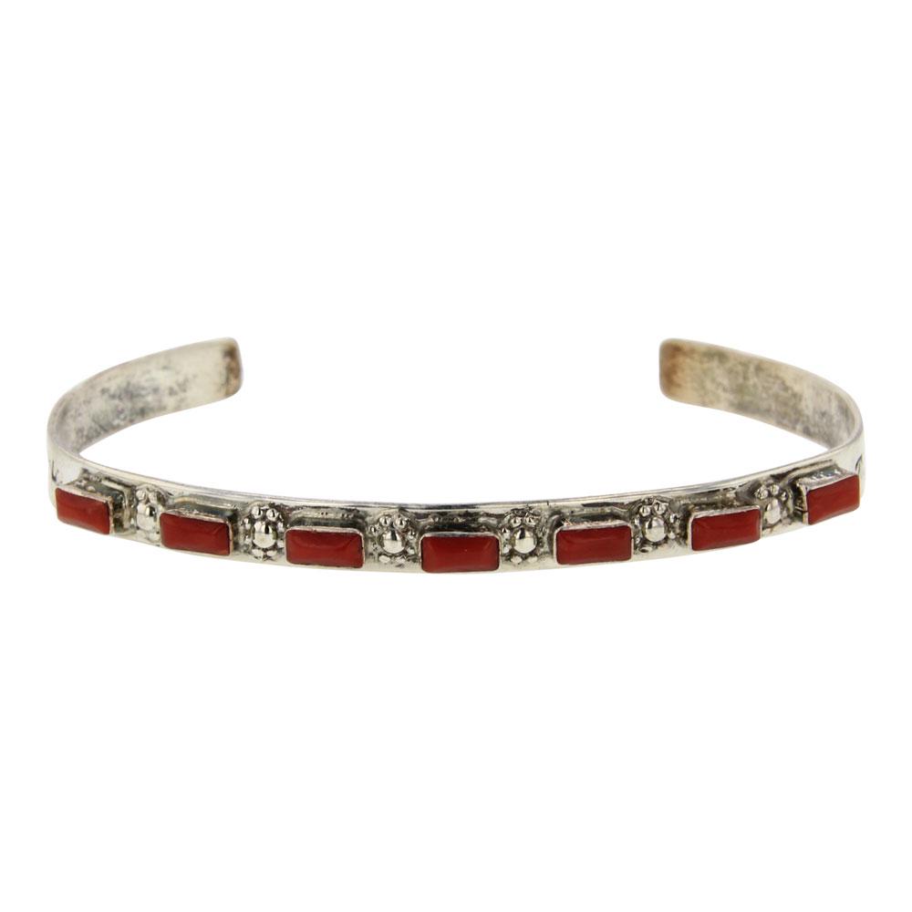 Ernest & Vinita Bewanika Zuni Coral Bracelet: Sterling Silver | Genuine Coral | Ernest & Vinita Bewanika Zuni Coral Bracelet | Zuni Native American Southwest Indian Jewelry | Weight:8.7 Grams, | Dimensions: Bracelet: 5.5" inner, 1.25" gap, 6.75"