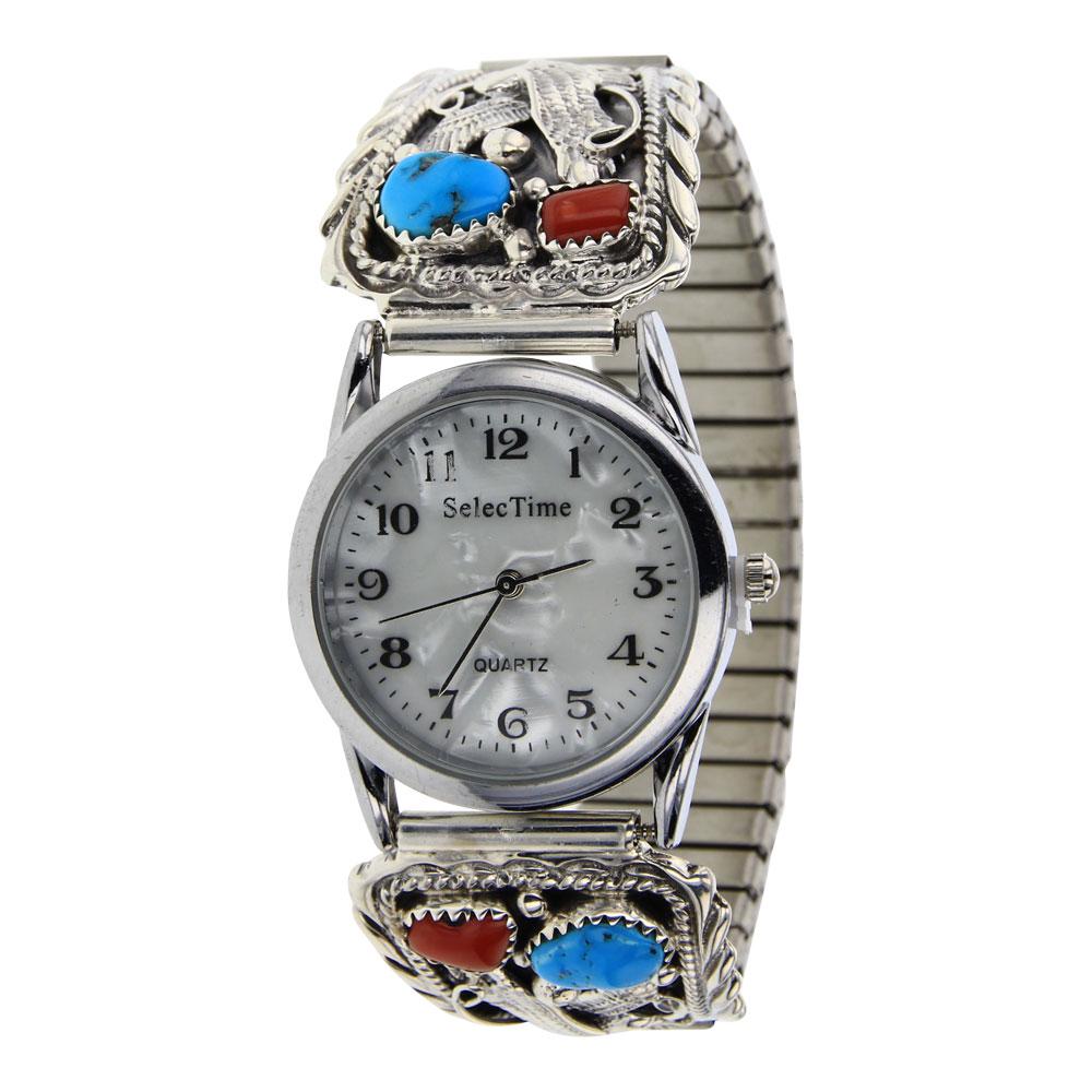 Turquoise & Coral Eagle Watch Bracelet (1 of 5)