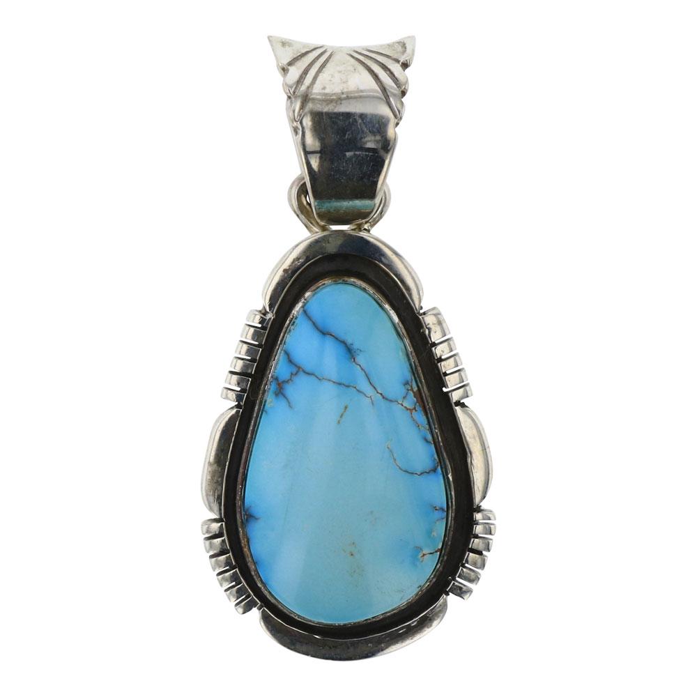 Larry Spencer Candelaria Turquoise Pendant: Sterling Silver | Genuine Candelaria Turquoise | Larry Spencer Candelaria Turquoise Pendant | Navajo Native American Southwest Indian Jewelry | Weight:15.9 Grams, | Dimensions: Pendant: 1" x 2" | Sign