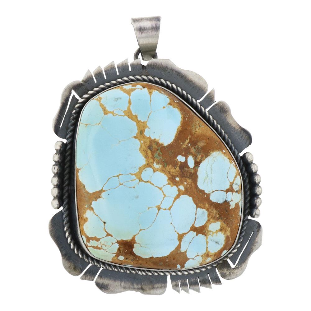 Skeets Nevada Turquoise Freeform Pendant: Sterling Silver | Genuine Nevada Turquoise | Skeets Nevada Turquoise Freeform Pendant | Navajo Native American Southwest Indian Jewelry | Weight:28.8 Grams, | Dimensions: Pendant: 1.75" x 2.25" | Sign