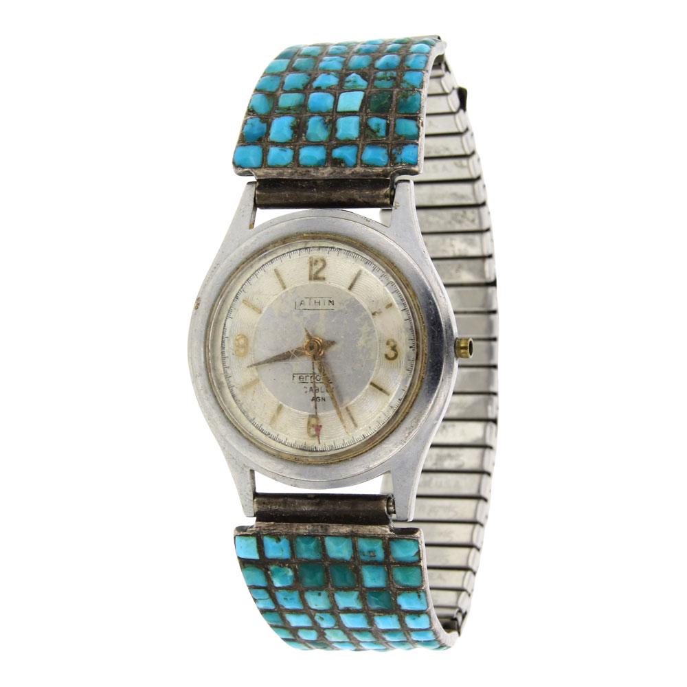 Old Pawn Vintage Turquoise Inlay Watch Bracelet (1 of 3)
