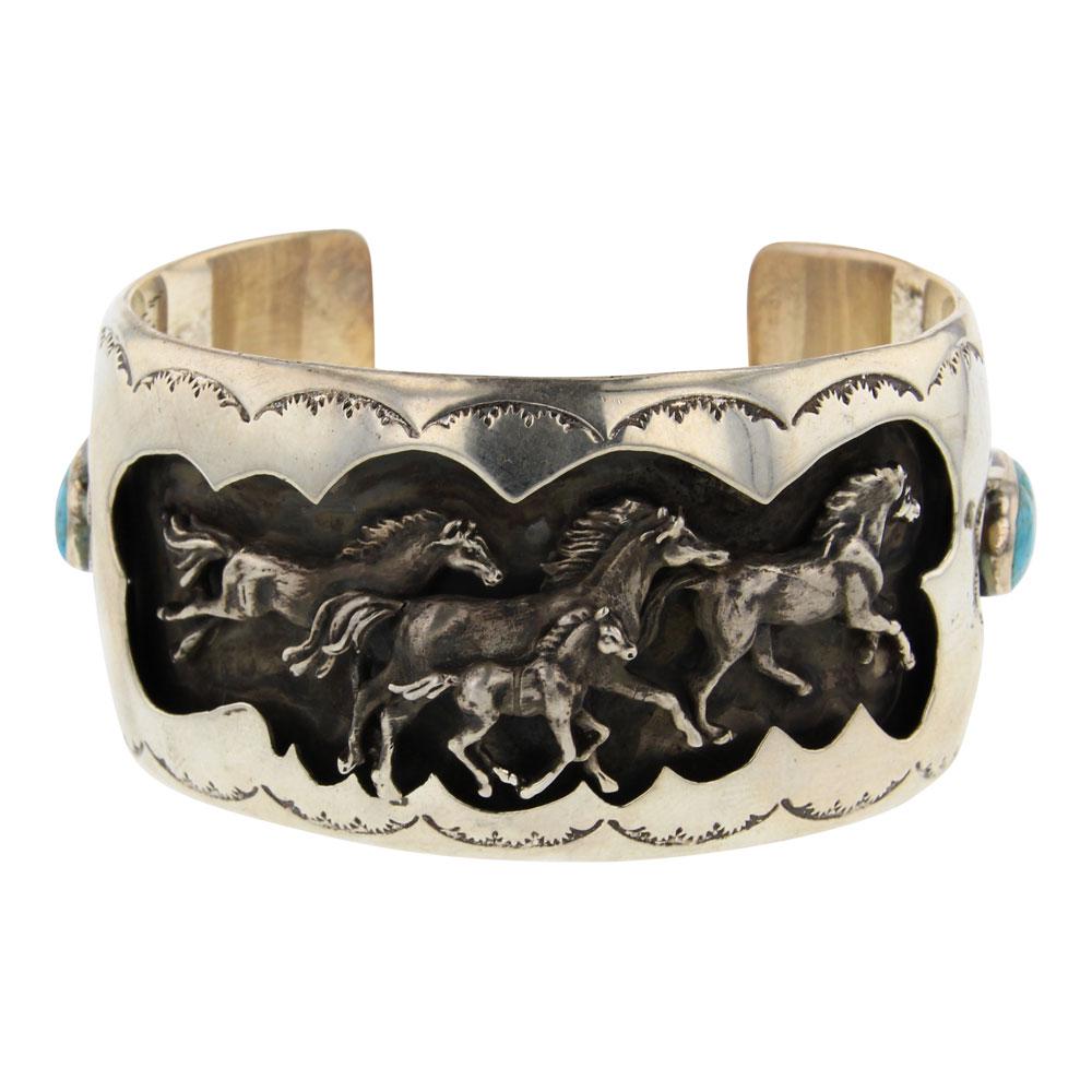 Turquoise Running Horses Wide Cuff Bracelet: Sterling Silver | Genuine Turquoise | Turquoise Running Horses Wide Cuff Bracelet | Navajo Native American Southwest Indian Jewelry | Weight:53 Grams, | Dimensions: Bracelet: 5.5" inner, 1" gap, 6.5"