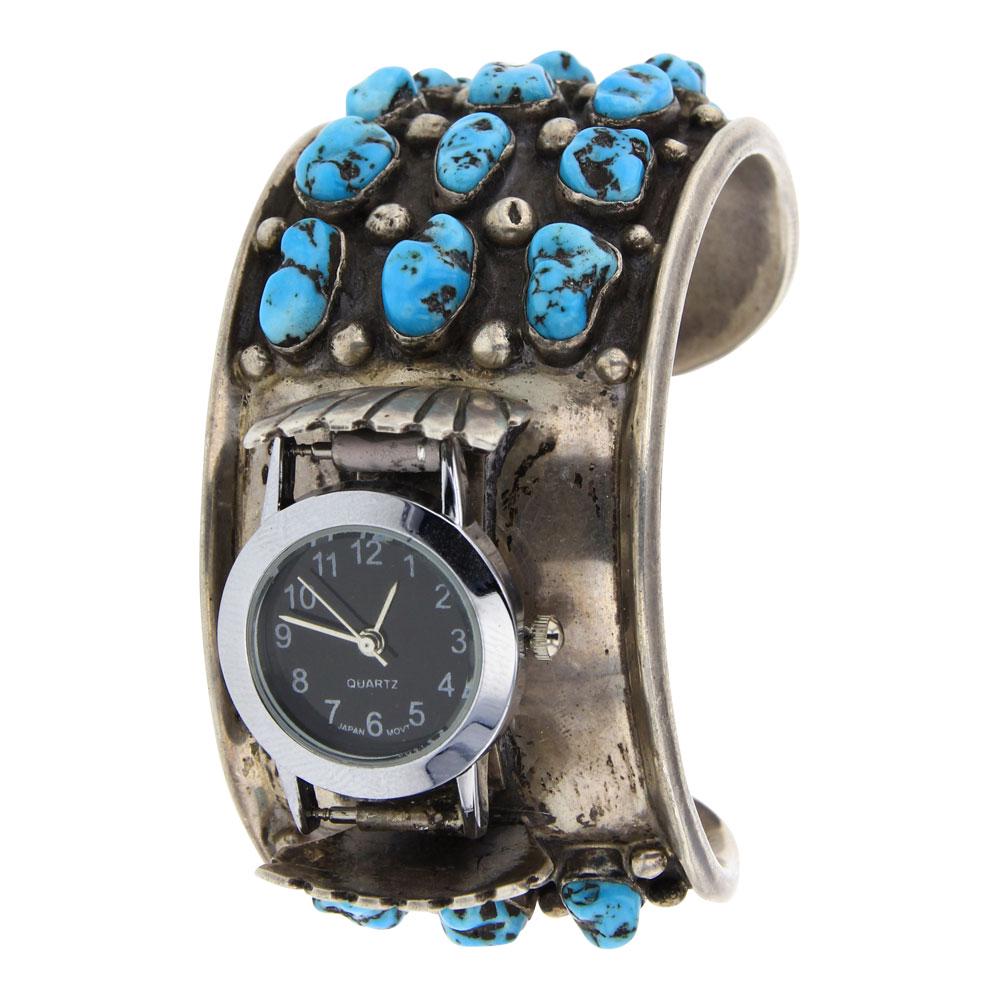 Old Pawn Turquoise Nugget Watch Cuff Bracelet: Sterling Silver | Genuine Turquoise Nugget Turquoise | Old Pawn Turquoise Nugget Watch Cuff Bracelet | Navajo Native American Southwest Indian Jewelry | Weight:83 Grams, | Dimensions: Bracelet: 5.5" i