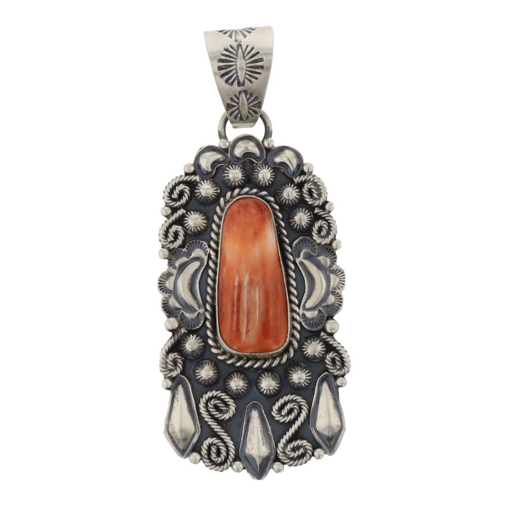 Jeff James Jr. Spiny Oyster Bump out Pendant: Sterling Silver | Genuine Spiny Oyster | Jeff James Jr. Spiny Oyster Bump out Pendant | Navajo Native American Southwest Indian Jewelry | Weight:33.5 Grams, | Dimensions: Pendant: 1.5" x 3.5" | Signed