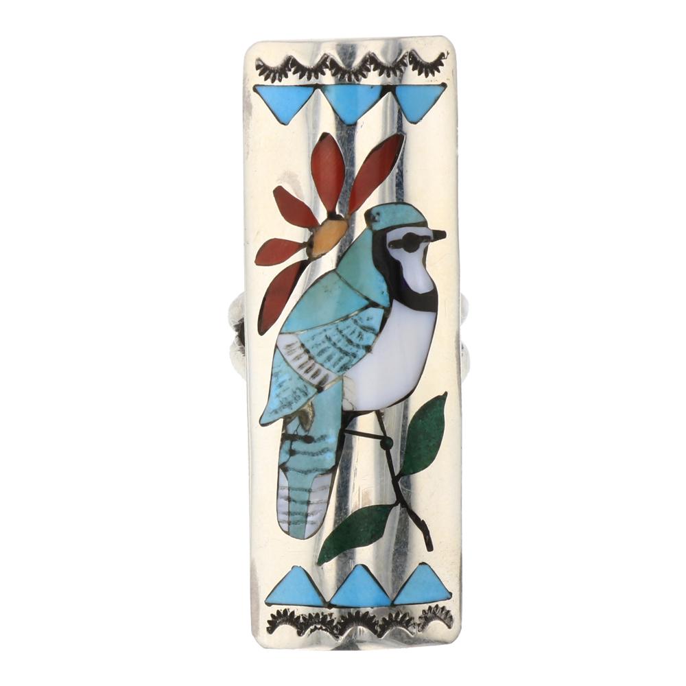 Quintin Quam Zuni Turquoise & Coral Inlay Bird Ring (1 of 2)