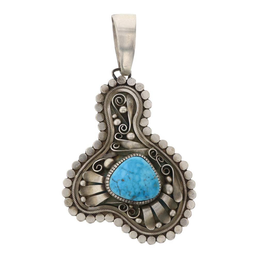 Marita Benally Kingman Turquoise Pendant: Sterling Silver | Genuine Kingman Turquoise | Marita Benally Kingman Turquoise Pendant | Navajo Native American Southwest Indian Jewelry | Weight:43.9 Grams, | Dimensions: Pendant: 2" x 3.75" | Signed