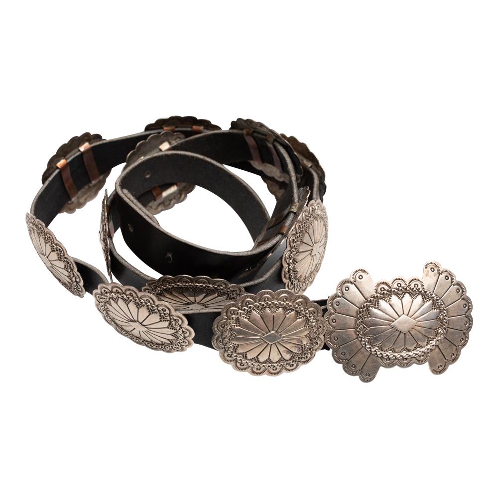 James Linkin Plain Silver Stamped Concho Belt: Sterling Silver | | James Linkin Plain Silver Stamped Concho Belt | Navajo Native American Southwest Indian Jewelry | Weight:191.9 Grams, | Dimensions: Belt: 41" length, 2.75" x 2" buckle, 2" x 1.75"