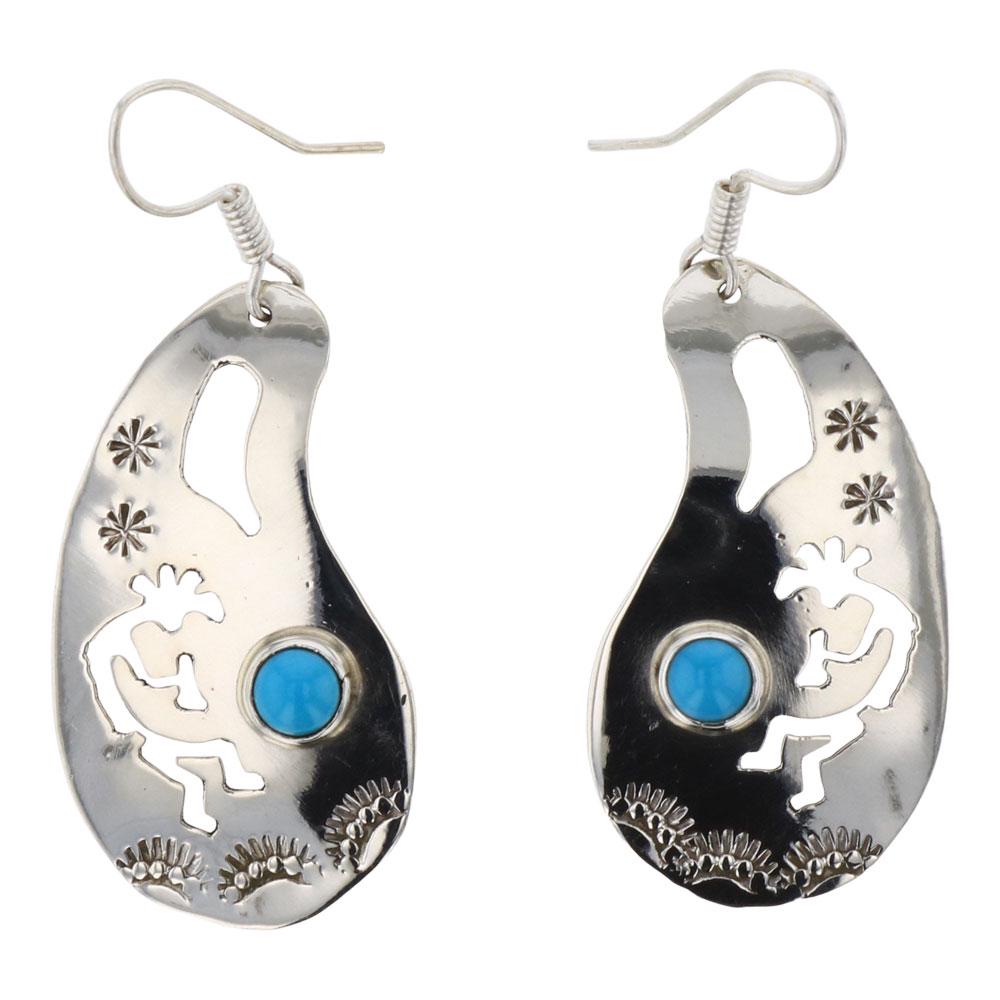 Jeff James Jr Kokopelli Cutout Earrings: Sterling Silver | Genuine Turquoise | Jeff James Jr Kokopelli Cutout Earrings | Navajo Native American Southwest Indian Jewelry | Weight:3.3 Grams, | Dimensions: Earrings: .75" x 1.75" (for both) | Si
