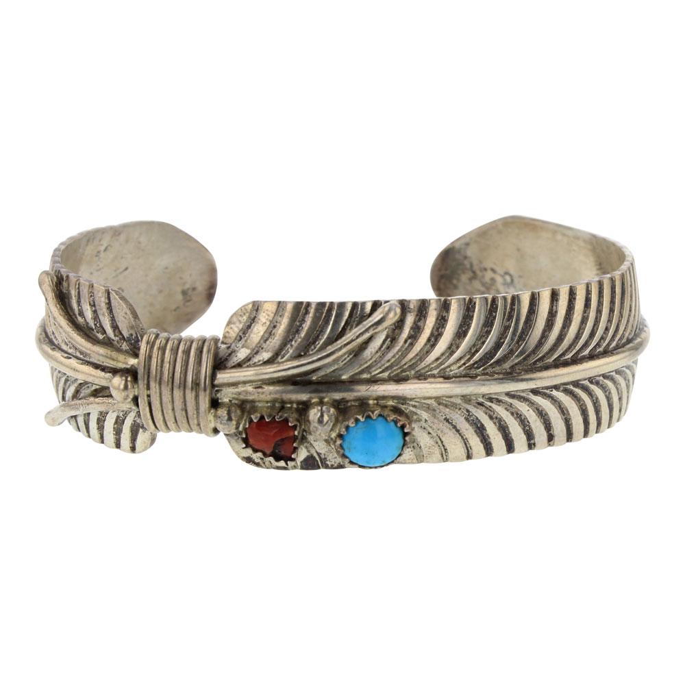 Vandeveer Turquoise & Coral Feather Cuff Bracelet (1 of 4)