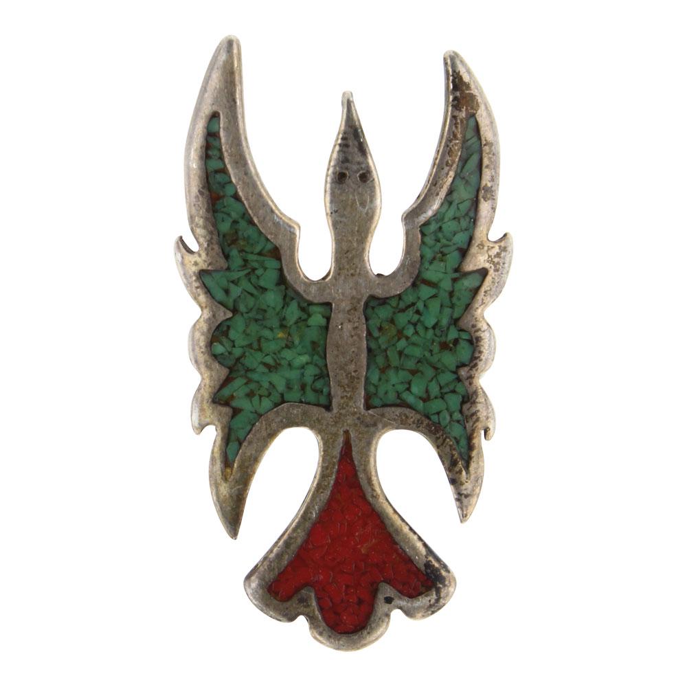 Old Pawn Turquoise & Coral Chip Inlay Thunderbird Ring (1 of 3)