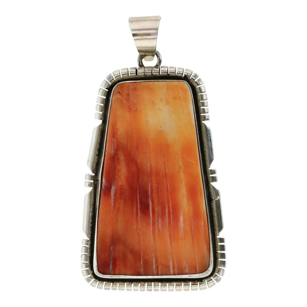Edward Benally Orange Spiny Oyster Pendant: Sterling Silver | Genuine Orange Spiny Oyster | Edward Benally Orange Spiny Oyster Pendant | Navajo Native American Southwest Indian Jewelry | Weight:15.5 Grams, | Dimensions: Pendant: 1" x 2.25" | Si