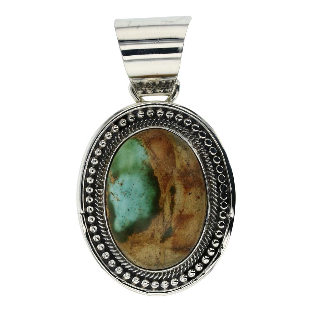 Larry Spencer Royston Turquoise Pendant: Sterling Silver | Genuine Royston Turquoise | Larry Spencer Royston Turquoise Pendant | Navajo Native American Southwest Indian Jewelry | Weight:11.7 Grams, | Dimensions: Pendant: 1" x 1.75" | Signed: