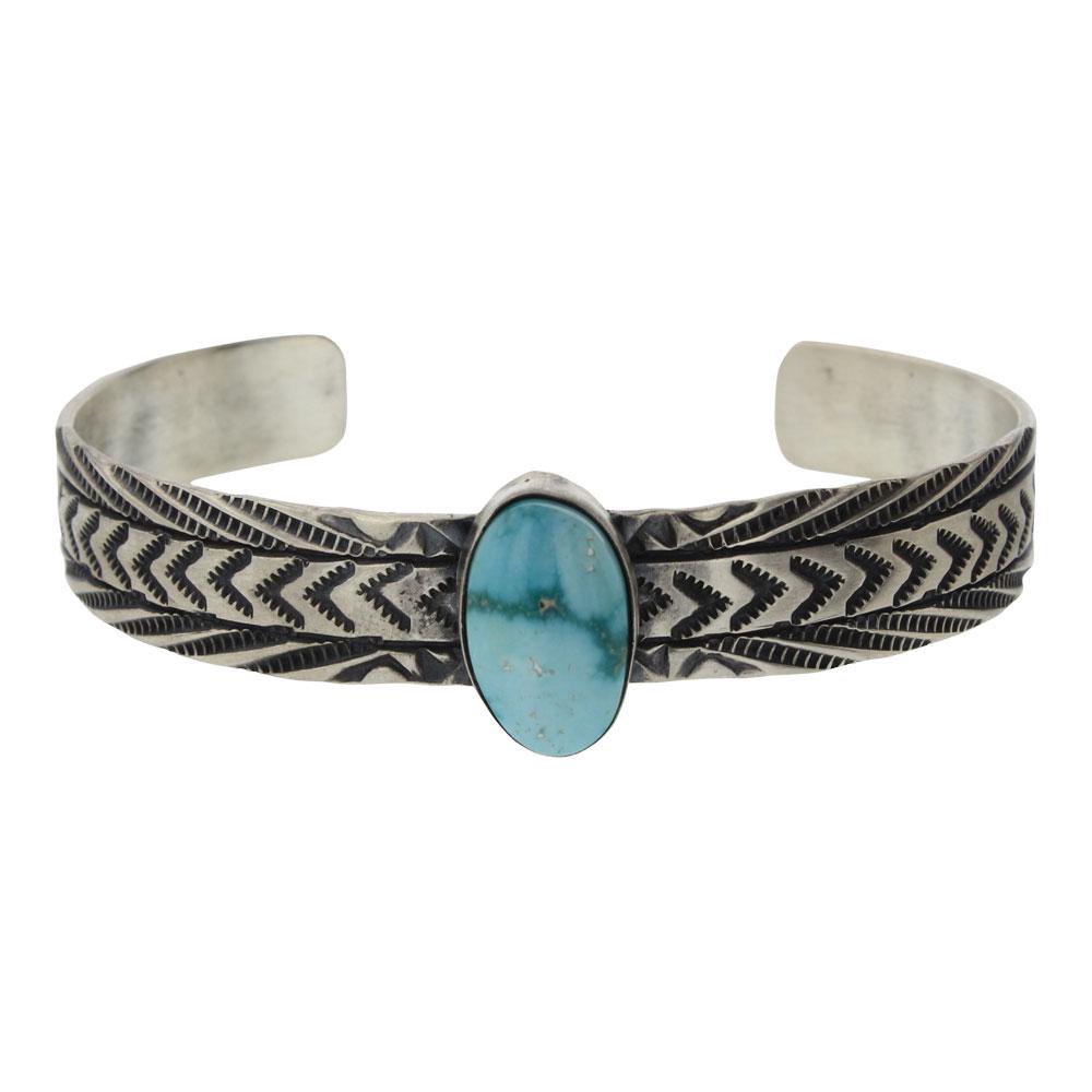 Rick Enriquez Turquoise Stamp Bracelet: Sterling Silver | Genuine Turquoise | Rick Enriquez Turquoise Stamp Bracelet | Navajo Native American Southwest Indian Jewelry | Weight:24.5 Grams, | Dimensions: Bracelet: 6" inner, 1.25" gap, 7.25" t