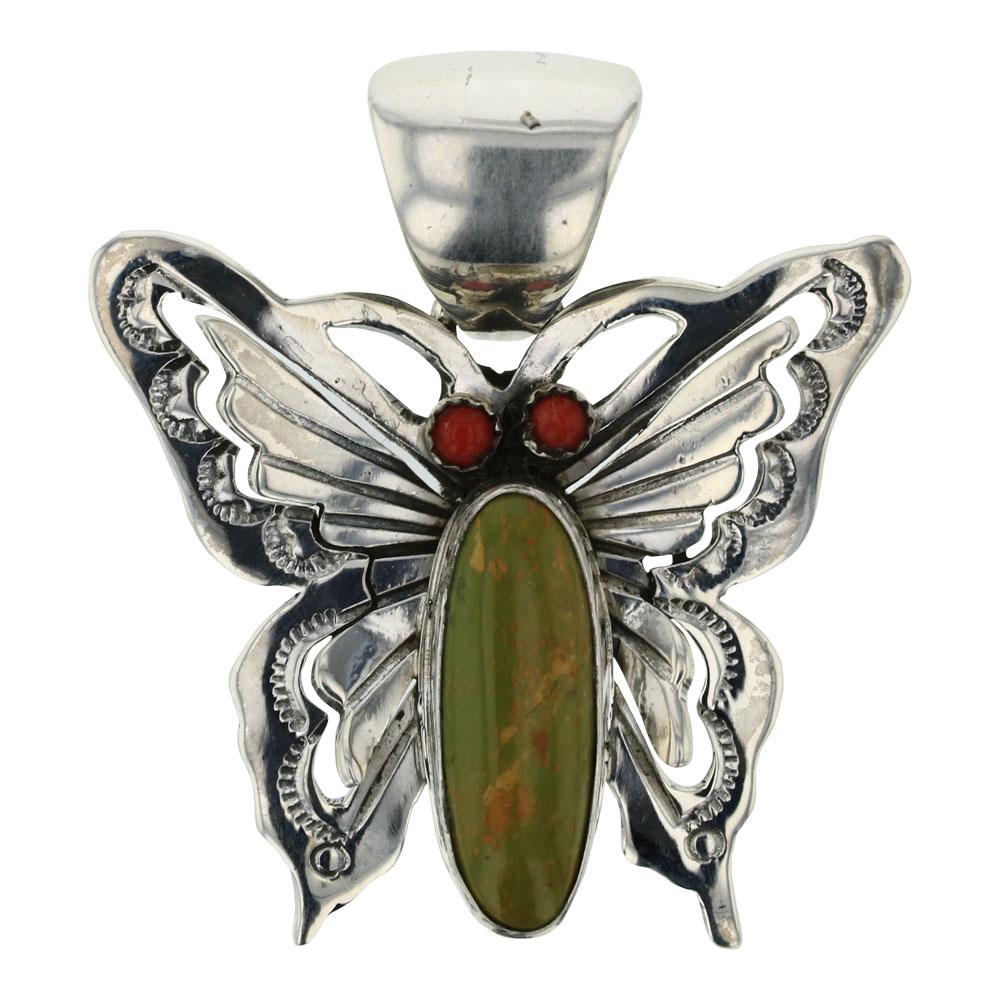 Russel Sam Royston Turquoise & Coral Butterfly Pendant: Sterling Silver | Genuine Royston Turquoise & Coral | Russel Sam Royston Turquoise & Coral Butterfly Pendant | Navajo Native American Southwest Indian Jewelry | Weight:10.8 Grams, | Dimensions: Pendan