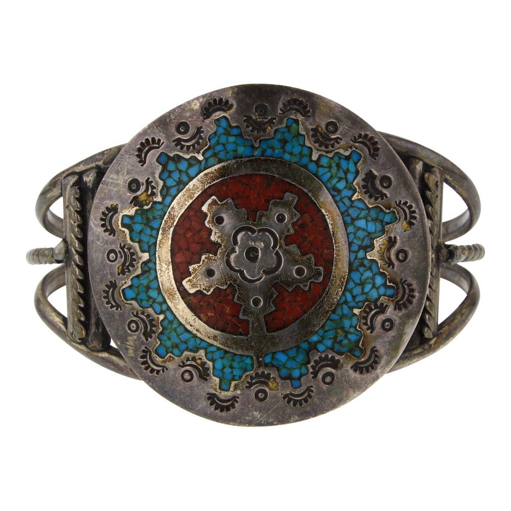 Old Pawn Vintage Turquoise & Coral Chip Inlay Bracelet (1 of 3)