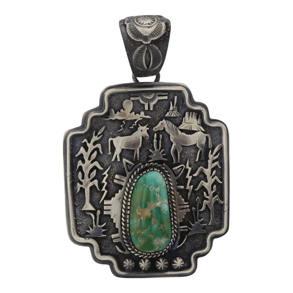 Lorenzo Juan Royston Turquoise Story Teller Pendant: Sterling SilverGenuine Royston Turquoise Lorenzo Juan Royston Turquoise Story Teller Pendant Navajo Native American Southwest Indian JewelryWeight:59.9 Grams, Dimensions: Pendant: 2 1/4" x 3 1/2" Sign