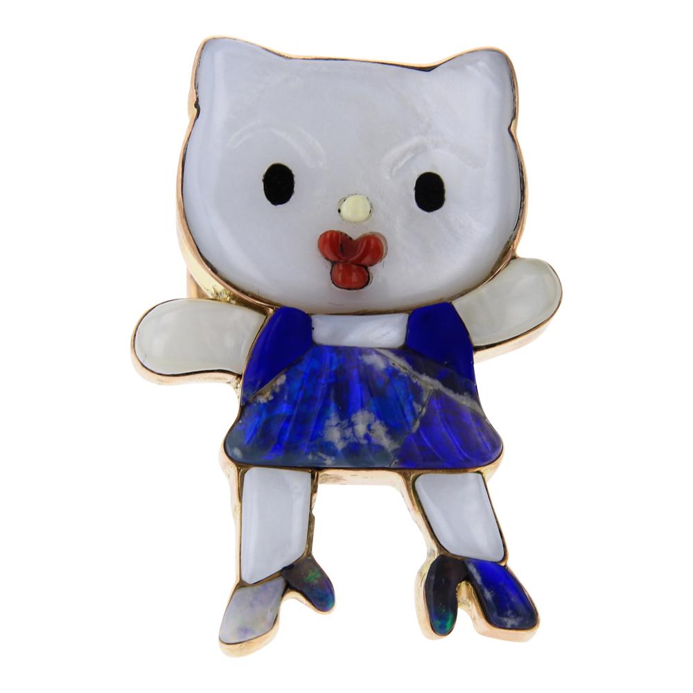 Dylan Poblano 14K Gold Zuni Inlay Lapis & Mother of: Sterling SilverGenuine Lapis, & Mother of PearlDylan Poblano 14K Gold Zuni Inlay Lapis & Mother of Pearl Cartoon Hello Kitty Ring Zuni Native American Southwest Indian JewelryWeight:20.8 Grams, Dimens