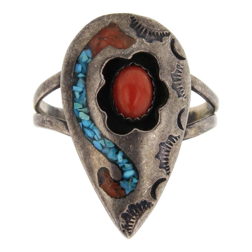 Old Pawn Vintage Turquoise & Coral Chip Inlay Tear Drop (1 of 3)