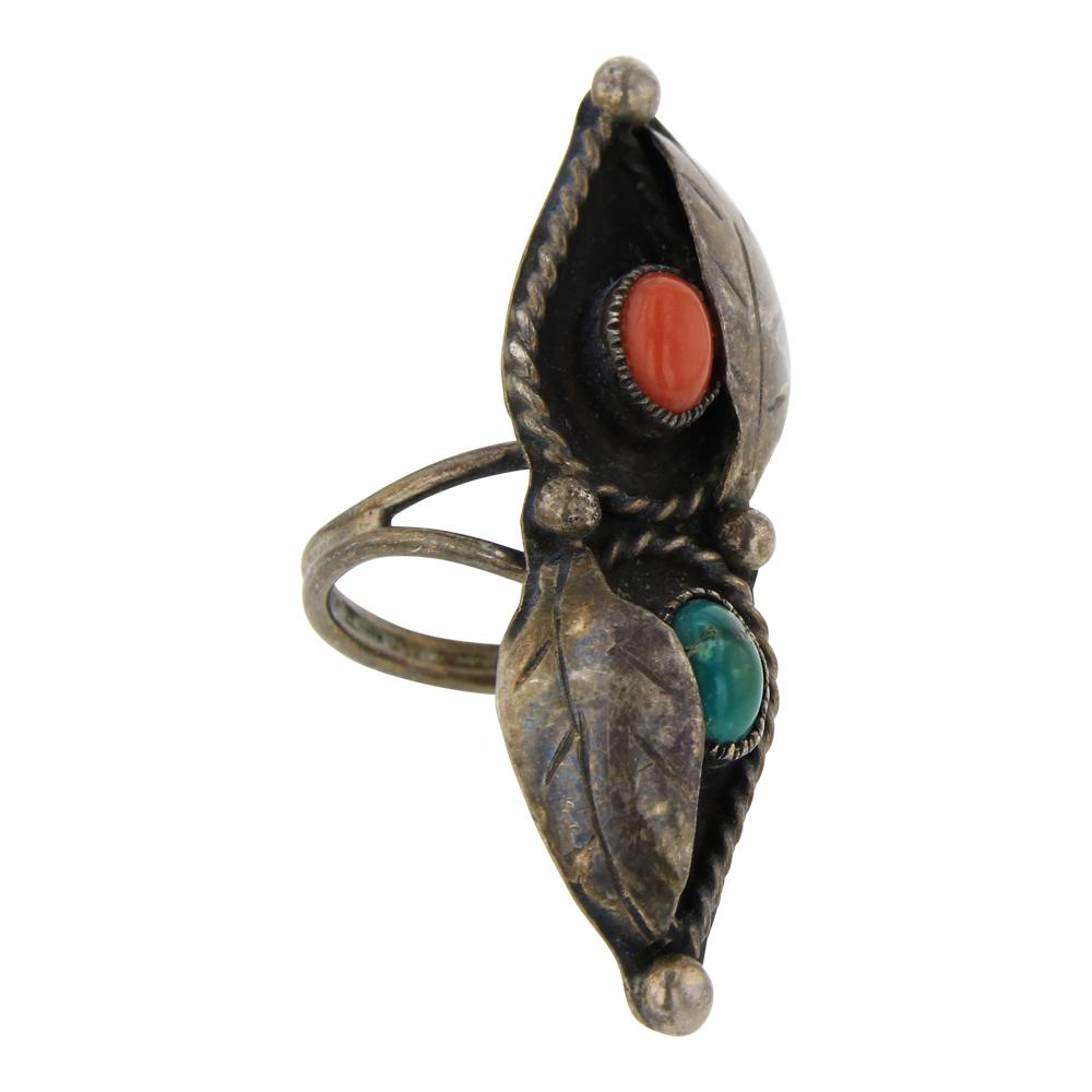 Turquoise & Coral Stone Leaf Ring (1 of 3)