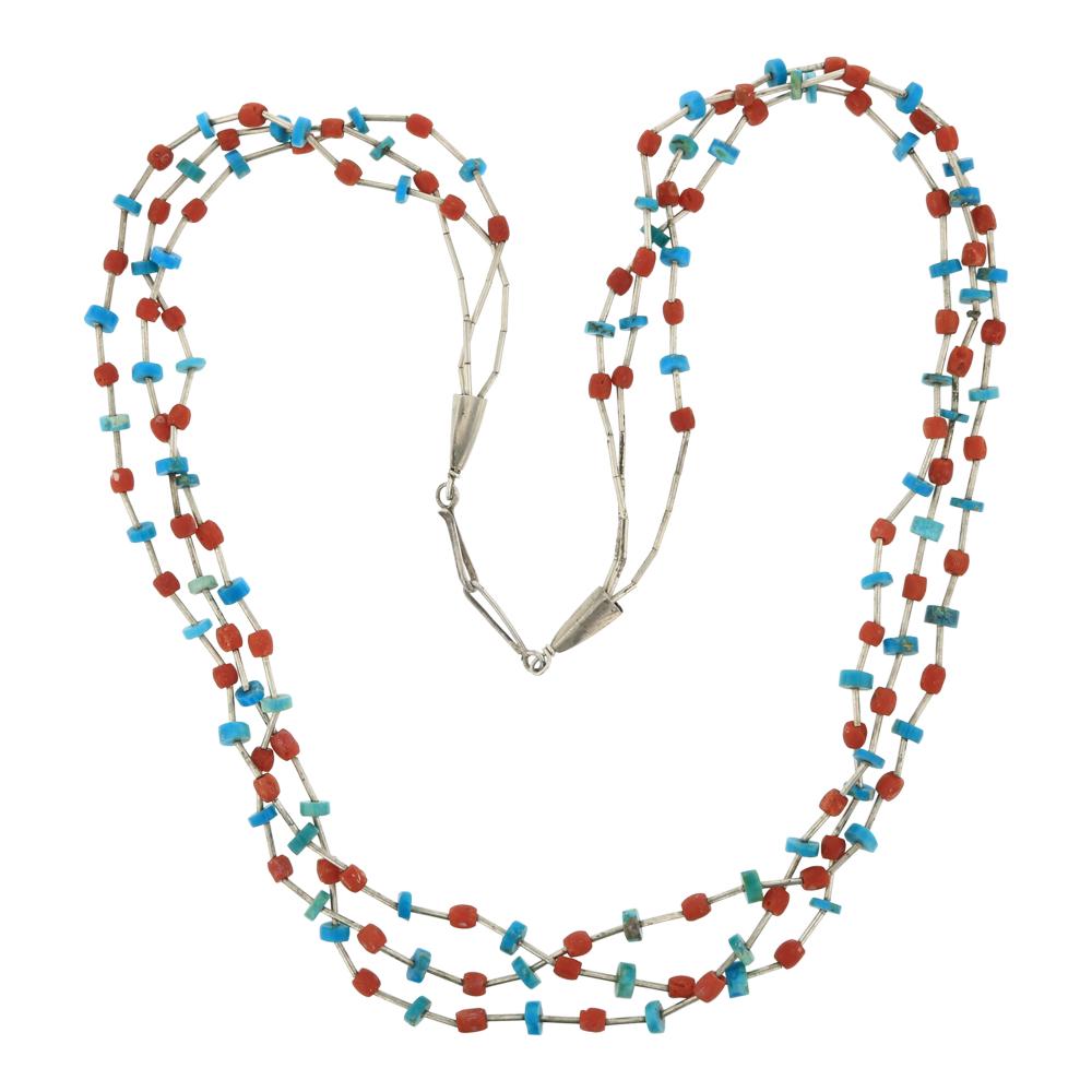 Three Stand Turquoise Coral & Silver Heishi Necklace (1 of 3)