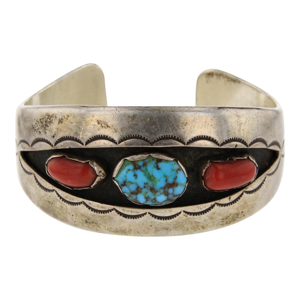 Vintage Turquoise & Coral Shadow Box Cuff Bracelet (1 of 4)