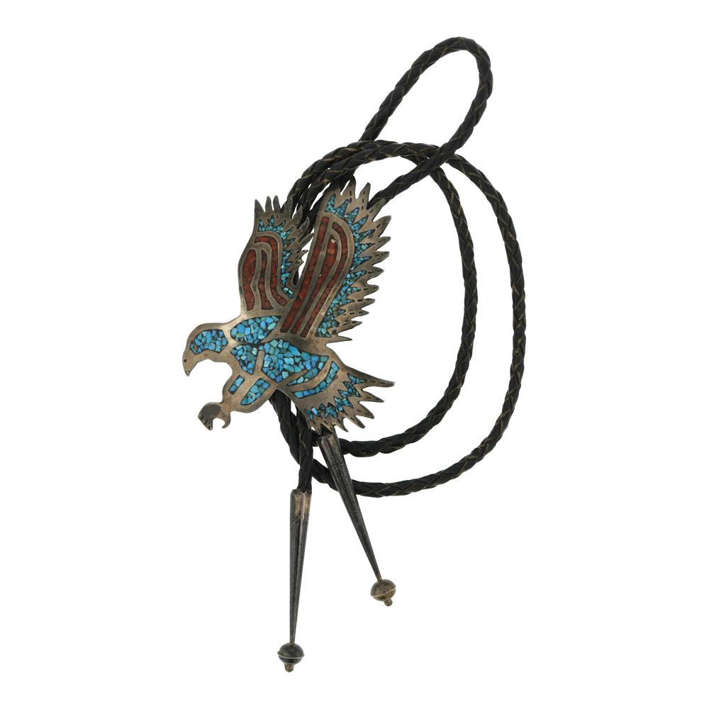 Vintage Turquoise & Coral Chip Inlay Eagle Bolo Tie (1 of 3)