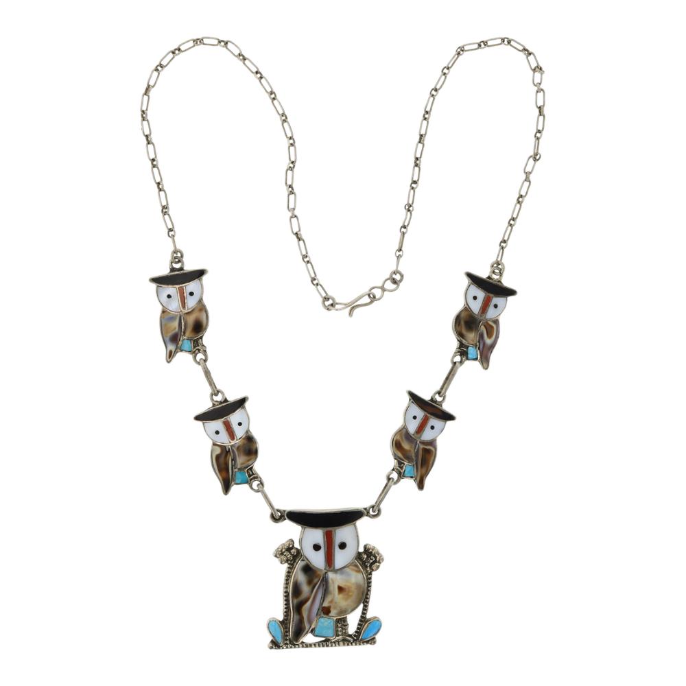 Vintage Zuni Turquoise Coral & Mother of Pearl Owl (1 of 3)