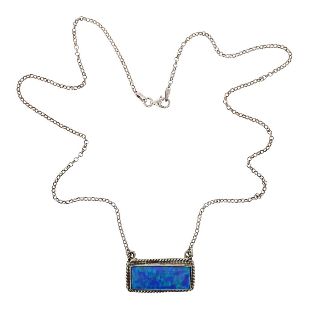 Esther Spencer Synthetic Opal Bar Necklace: Sterling Silver | Synthetic Opal | Esther Spencer Synthetic Opal Bar Necklace | Navajo Native American Southwest Indian Jewelry | Weight:9.2 Grams, | Dimensions: Necklace: 18" length, 1" x .5" pendant