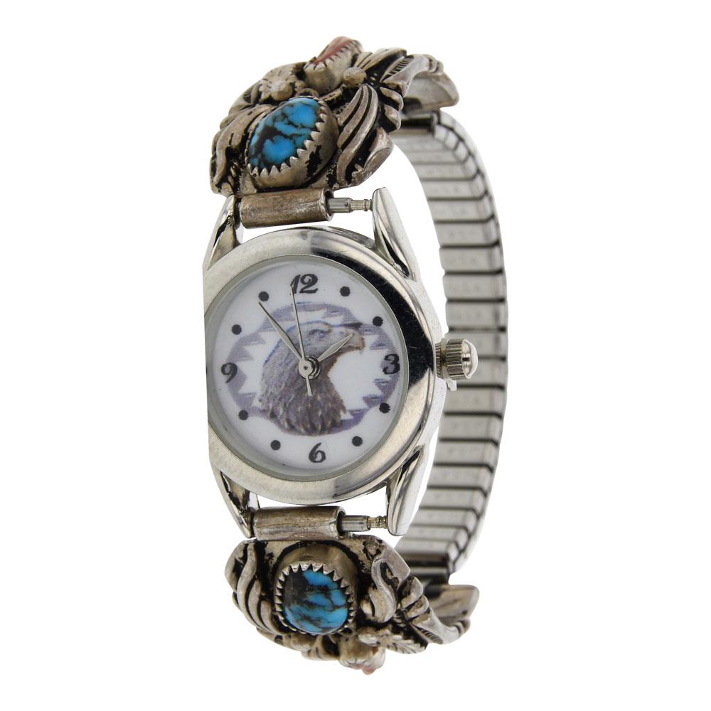 Turquoise & Coral Leaf Work Watch Link Bracelet (1 of 3)