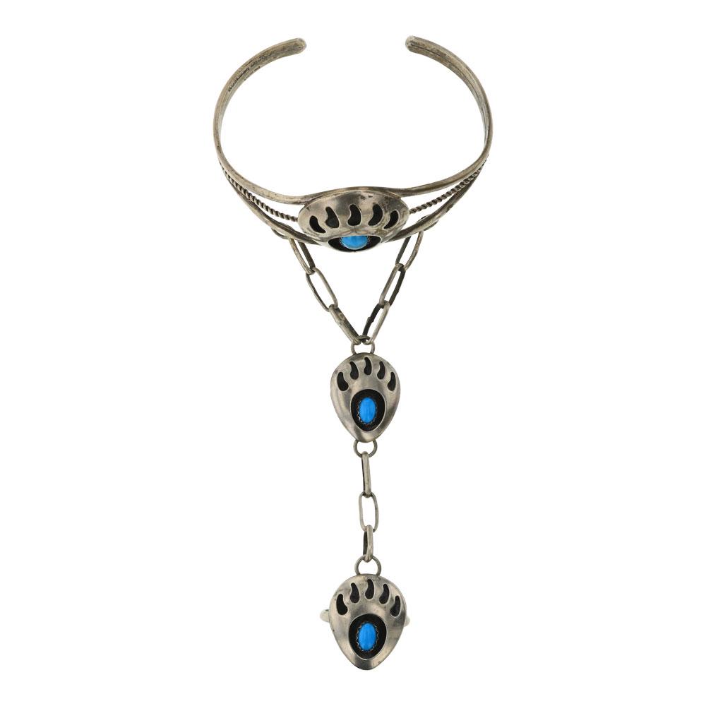Turquoise Bearpaw Slave Bracelet: Sterling Silver | Genuine Turquoise | Turquoise Bearpaw Slave Bracelet | Navajo Native American Southwest Indian Jewelry | Weight:28.4 Grams, | Dimensions: Bracelet: 6" inner, .75" gap, 6.75" total, 1