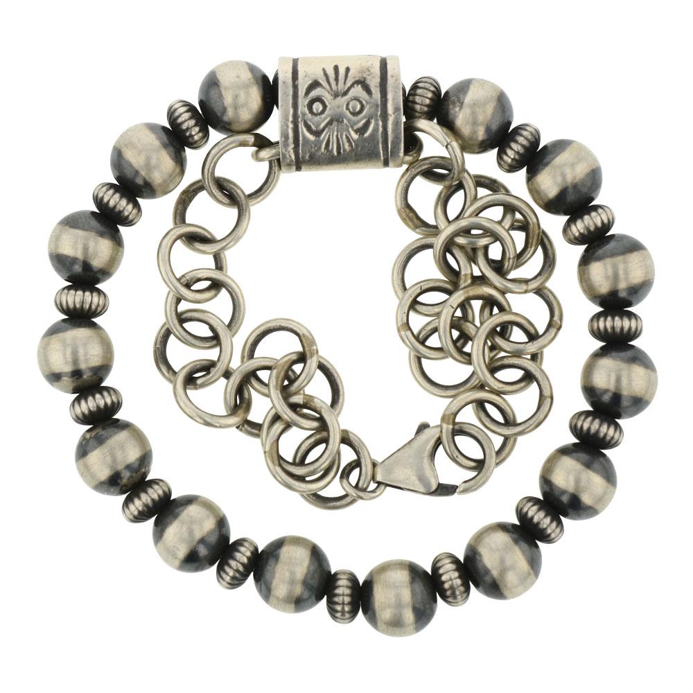 Navajo Pearls Silver Beads Contemporary Chain Bracelet: Sterling Silver | | Navajo Pearls Silver Beads Contemporary Chain Bracelet | Navajo Native American Southwest Indian Jewelry | Weight:33.7 Grams, | Dimensions: Bracelet: 6.5" length, .5" face width |