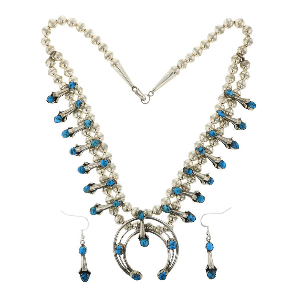 Kingman Turquoise Traditional Squash Blossom Necklace &: Sterling Silver | Genuine Kingman Turquoise | Kingman Turquoise Traditional Squash Blossom Necklace & Earrings Set | Navajo Native American Southwest Indian Jewelry | Weight:64.5 Grams, | Dimensions: