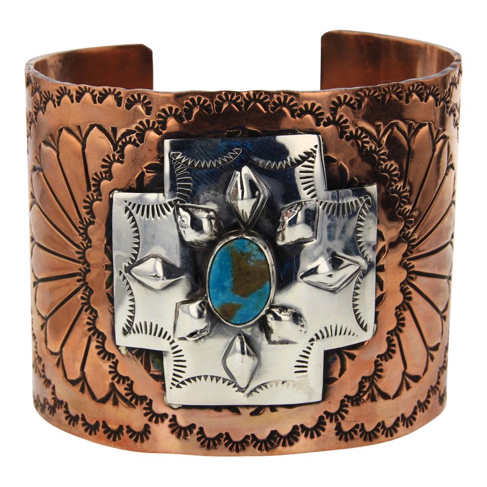 Navajo Silver over Copper Turquoise Zia Symbol Wide (1 of 3)