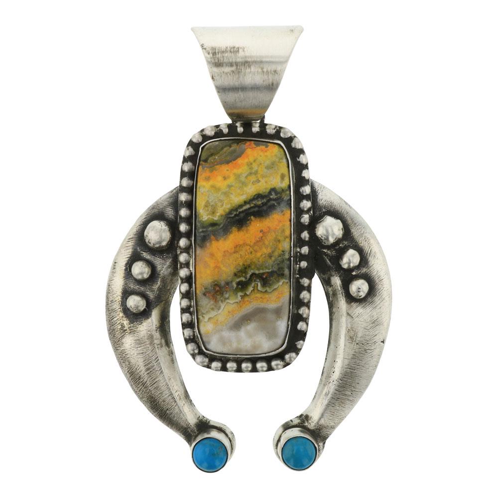Genuine Turquoise 7 bumble Bee Jasper Naja Pendant: Sterling Silver | | Genuine Turquoise 7 bumble Bee Jasper Naja Pendant | Navajo Native American Southwest Indian Jewelry | Weight:85.9 Grams, | Dimensions: Pendant: 2.25" x 3.75" | Signed: Chimney But