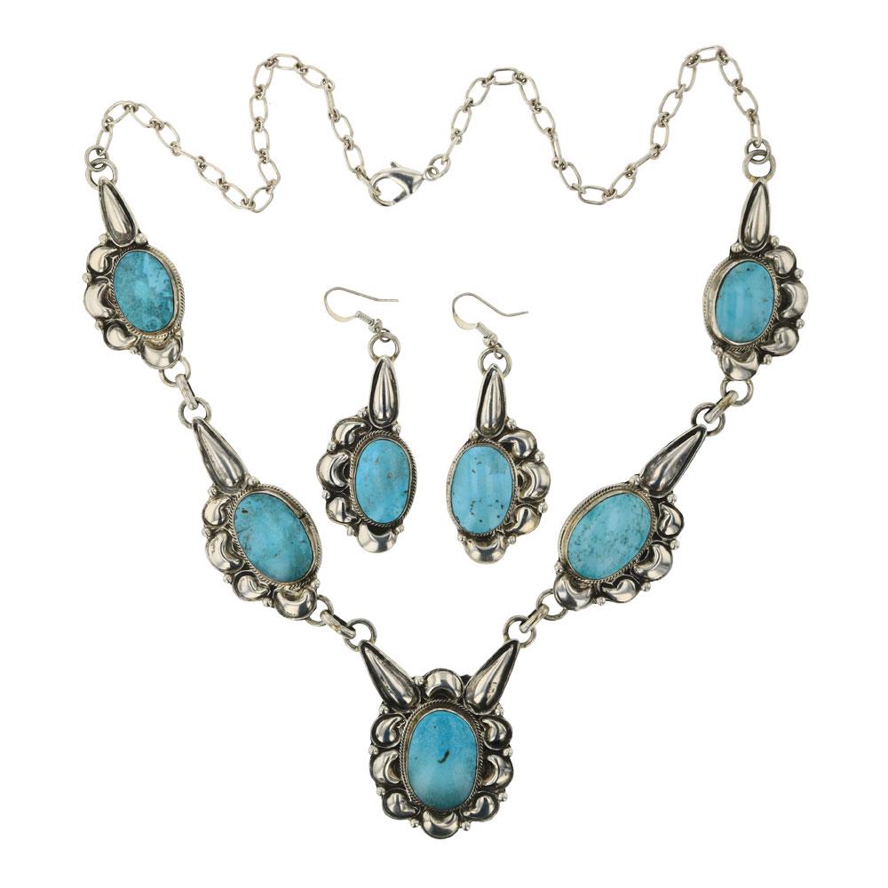 Geraldine James Sonoran Turquoise Bump out Necklace &: Sterling Silver | Genuine Sonoran Turquoise | Geraldine James Sonoran Turquoise Bump out Necklace & Earrings Set | Navajo Native American Southwest Indian Jewelry | Weight:65.5 Grams, | Dimensions: Ne