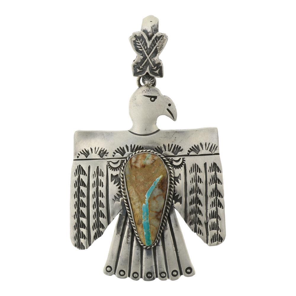 Russel Sam Boulder Turquoise Thunderbird Pendant: Sterling Silver | Genuine Boulder Turquoise | Russel Sam Boulder Turquoise Thunderbird Pendant | Navajo Native American Southwest Indian Jewelry | Weight:32 Grams, | Dimensions: Pendant: 2" x 3.25" |